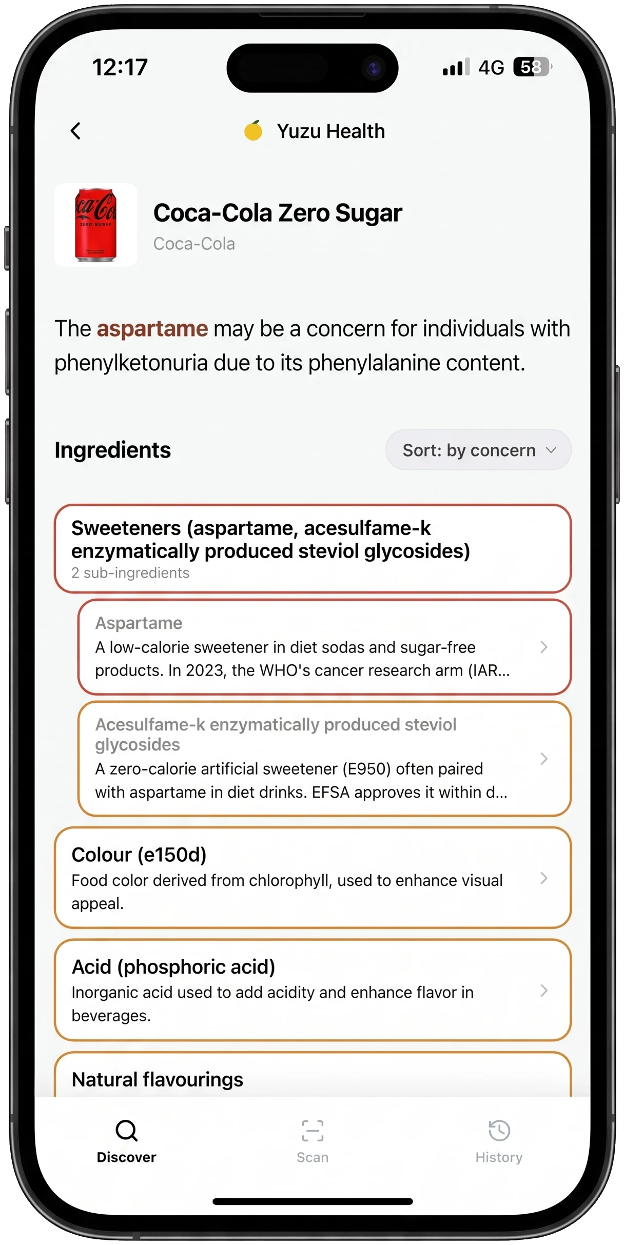 Yuzu Health showing the Coca-Cola Zero Sugar ingredient analysis with flags